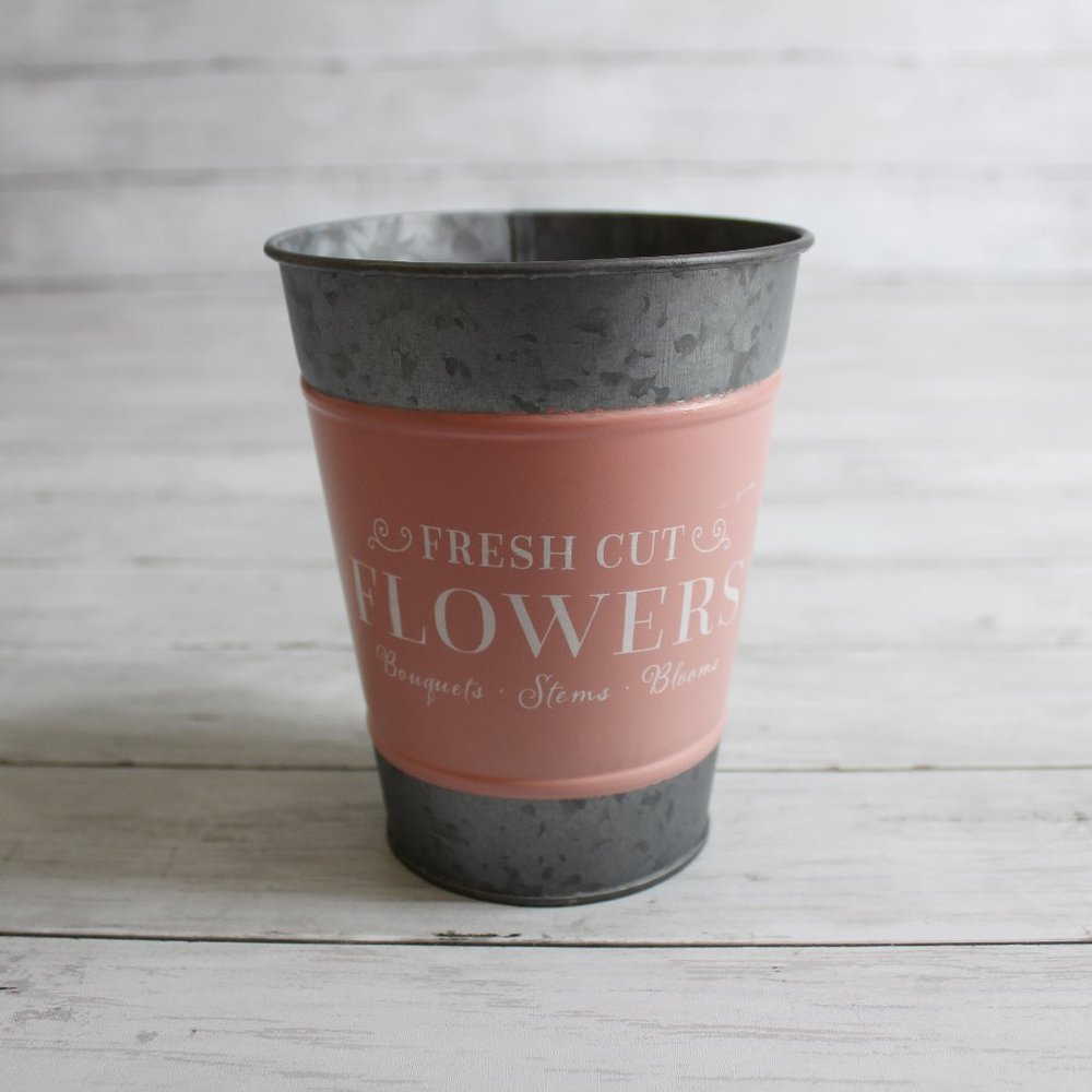Galvanized Metal Farmhouse Flower Pot Fresh Cut Flowers Vase Pink Silver